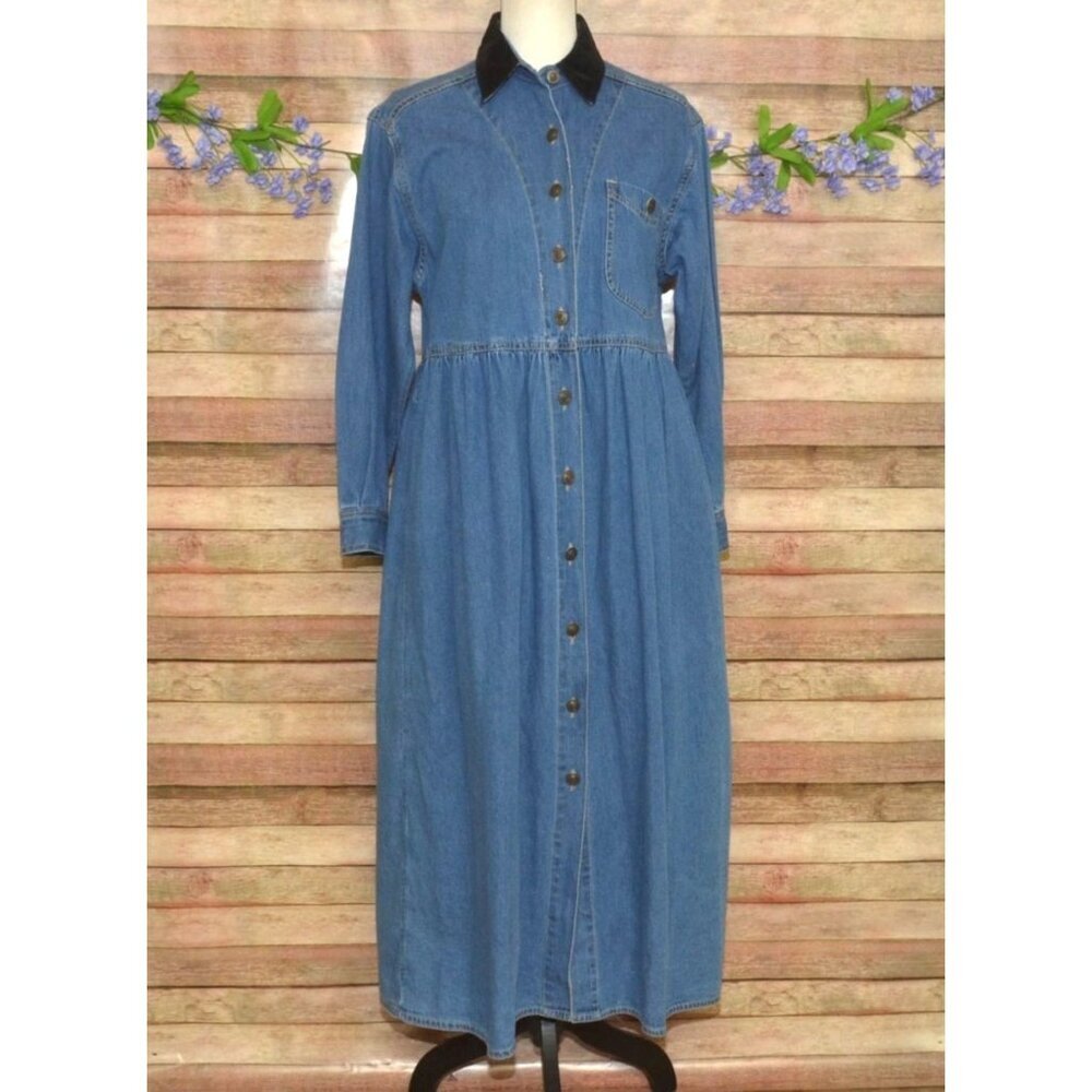Sun River Womens M Denim Shirt Dress Blue Jean Maxi Black Collar Vintage 90s
